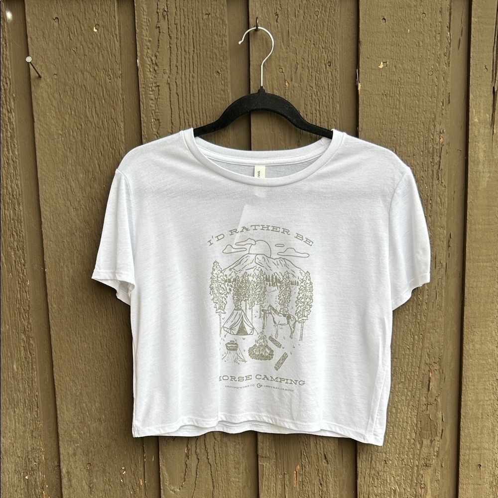 Bella + Canvas: White Graphic “I’d rather be horse camping” cropped tee